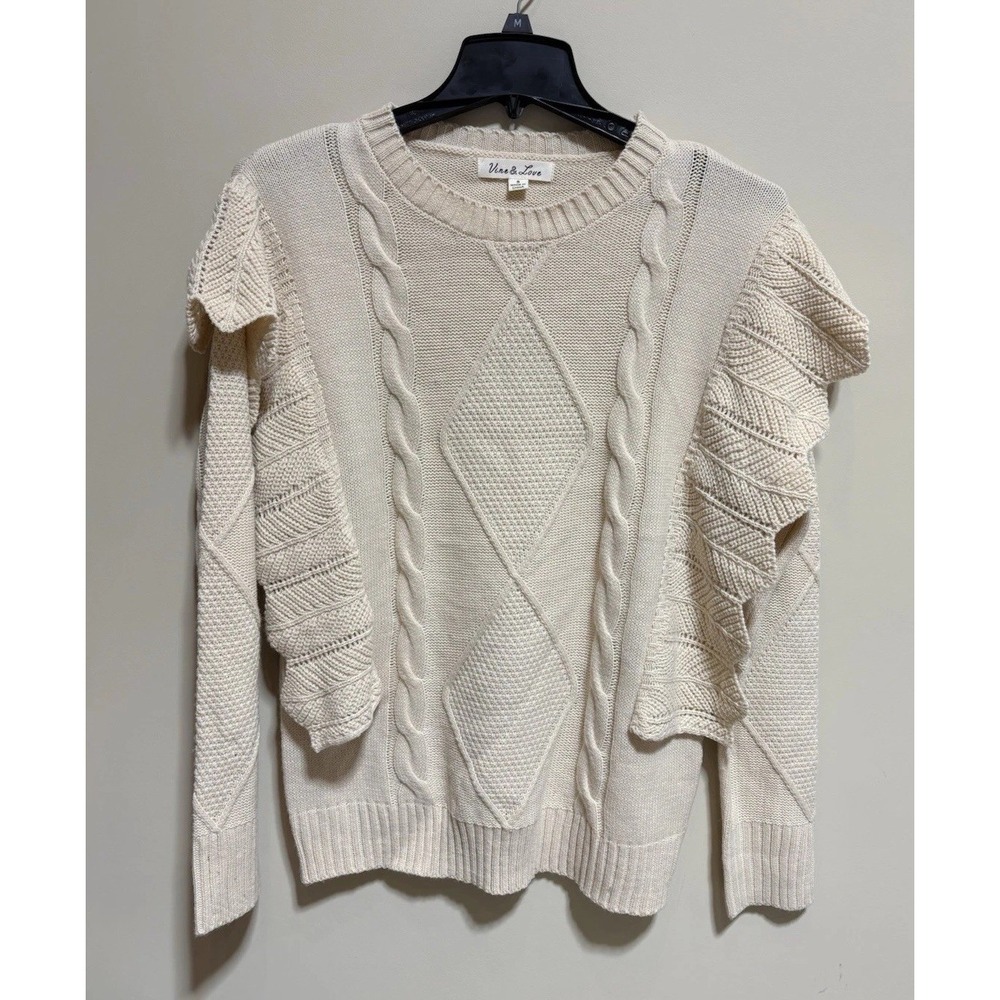 Vine & Love Ivory Cable-Knit Ruffle Shoulder Pullover women's Sweater S